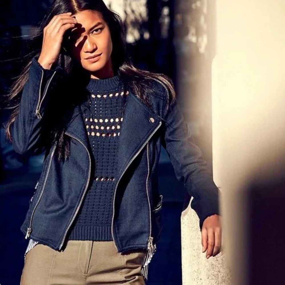 Veronica Beard Navy Blue Moto Zip Up Jacket 6